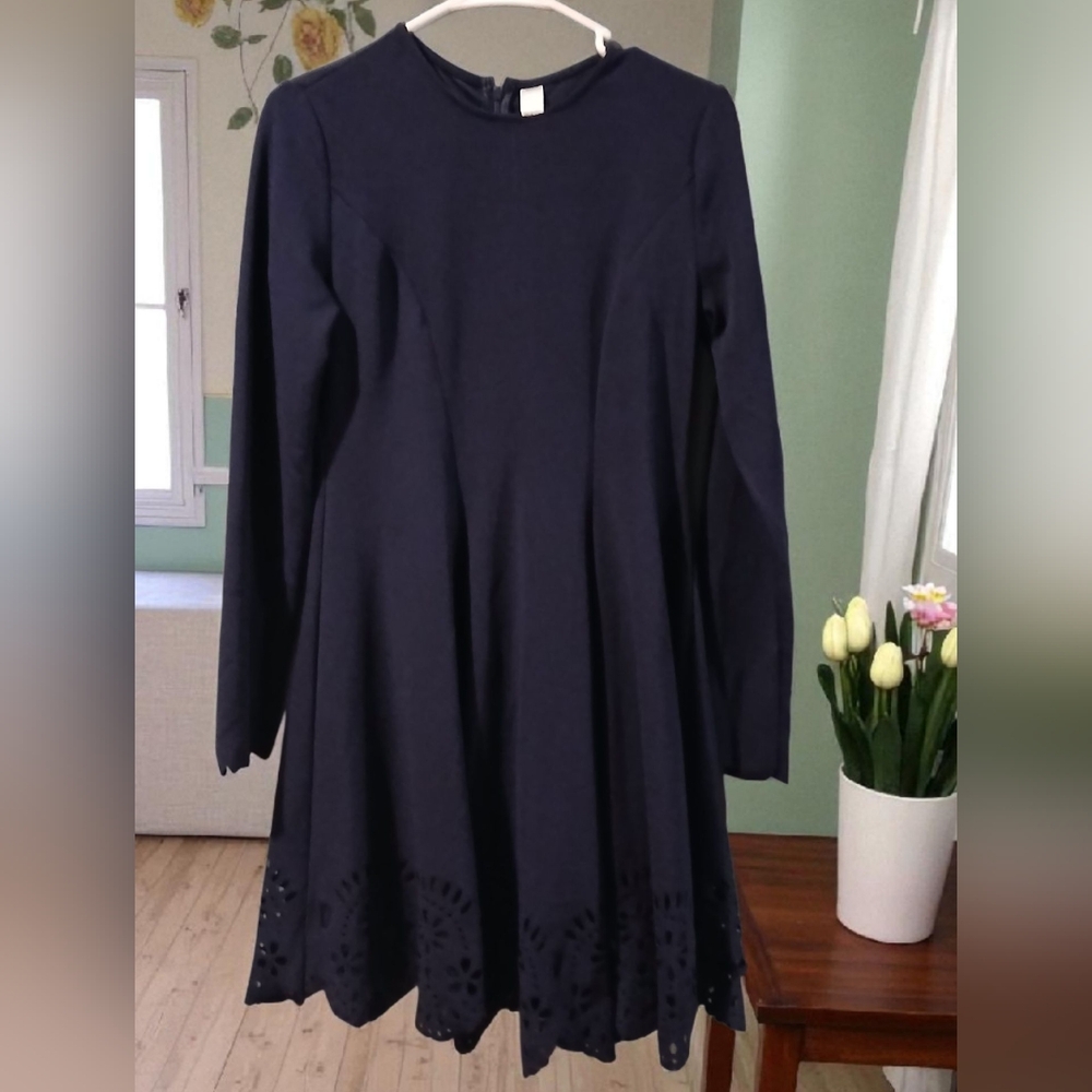 Mini Dress Blue Long Sleeved Fit Flare Womans Dress Large Cutout Old Money
